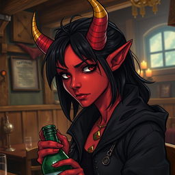 A detailed illustration of a red female tiefling with gold-tipped horns, black hair, and wearing a black jacket