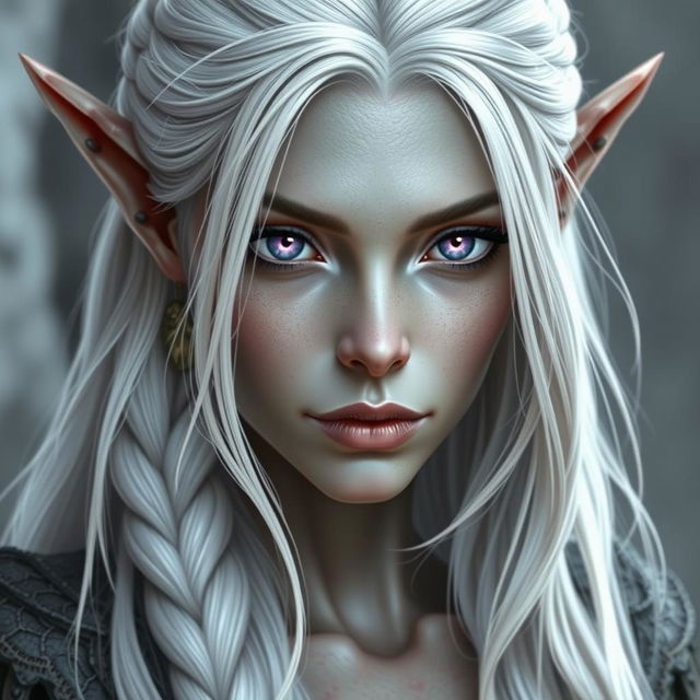 Create an image of an elf mage with white hair that includes a small braid, grayish skin, and lilac eyes