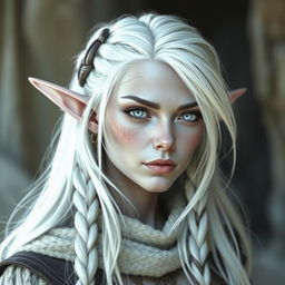 Create an image of an elf mage with white hair that includes a small braid, grayish skin, and lilac eyes