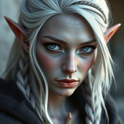 Create an image of an elf mage with white hair that includes a small braid, grayish skin, and lilac eyes