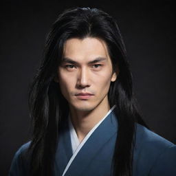 A handsome Chinese comic character with long hair and an expressionless face, enveloped in a dark, mysterious background