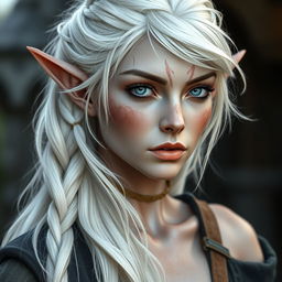 Create an image of an elf mage with white hair that includes a small braid, grayish skin, and lilac eyes