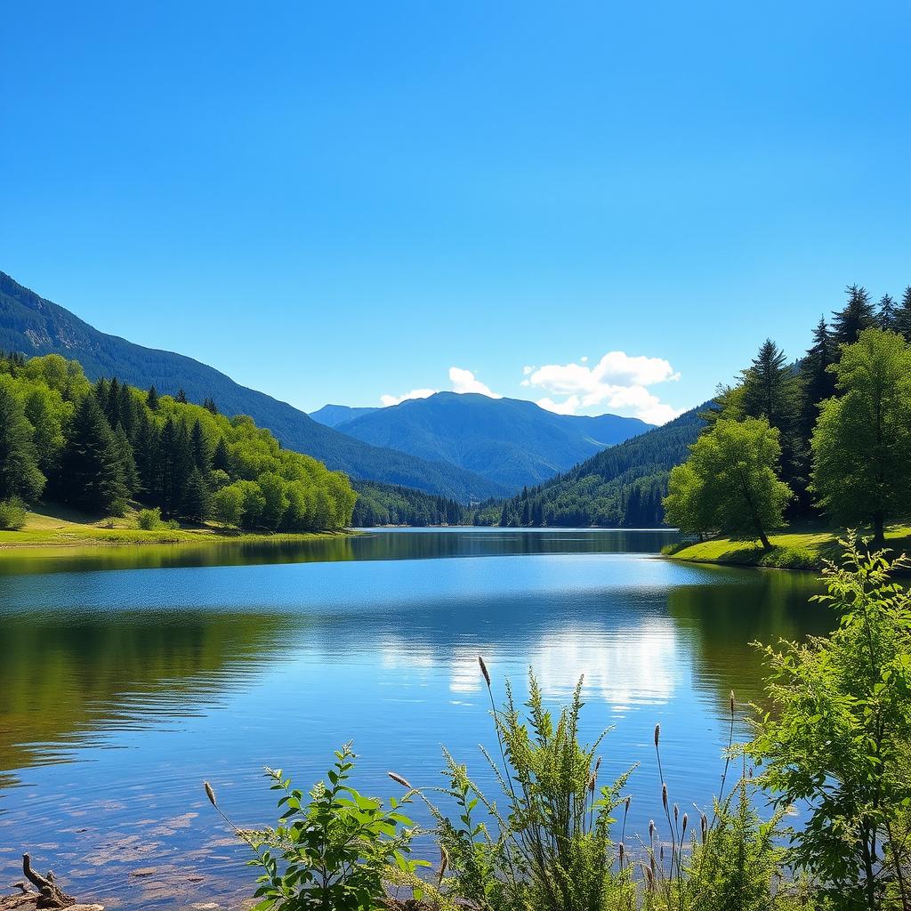 A peaceful landscape featuring a serene lake surrounded by lush green trees and mountains in the background under a clear blue sky