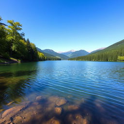 A peaceful landscape featuring a serene lake surrounded by lush green trees and mountains in the background under a clear blue sky