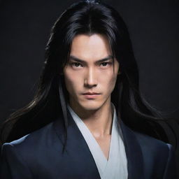 A handsome Chinese comic character with long hair and an expressionless face, enveloped in a dark, mysterious background