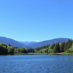 A peaceful landscape featuring a serene lake surrounded by lush green trees and mountains in the background under a clear blue sky