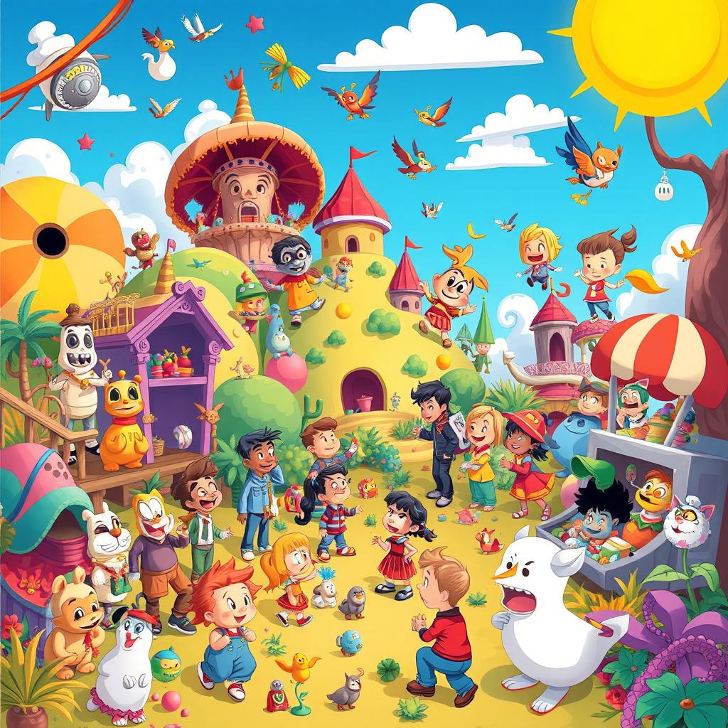 Create a vibrant and imaginative scene featuring a variety of characters and elements