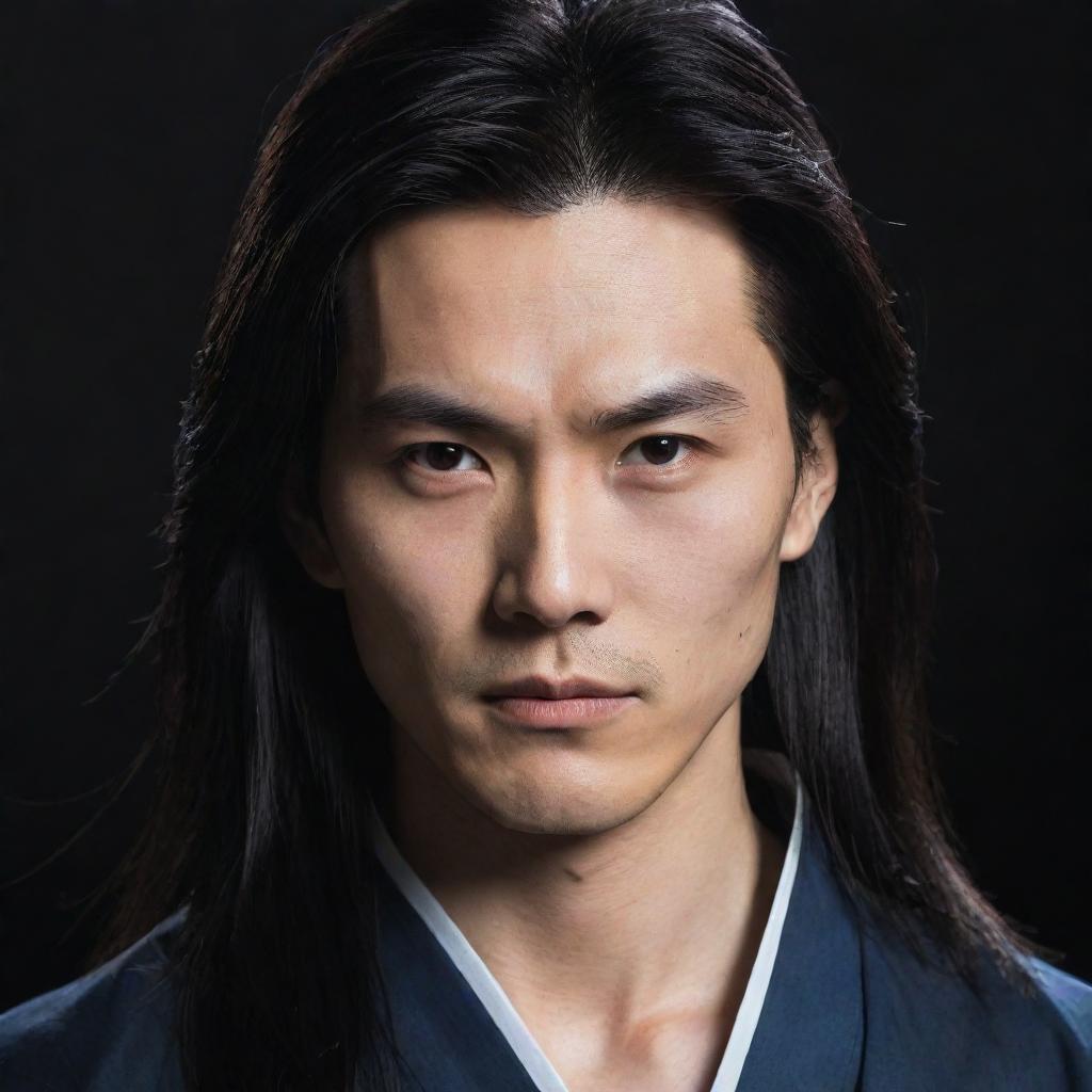 A handsome Chinese comic character with long hair and an expressionless face, enveloped in a dark, mysterious background