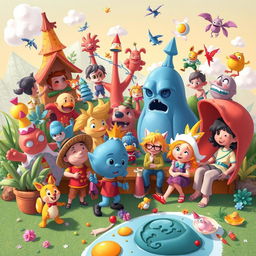 Create a vibrant and imaginative scene featuring a variety of characters and elements