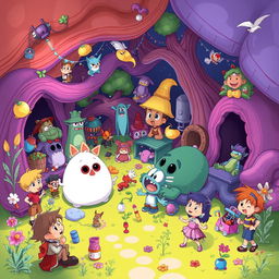 Create a vibrant and imaginative scene featuring a variety of characters and elements