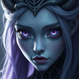 Create an image of a character with lilac eyes and gray skin