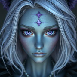 Create an image of a character with lilac eyes and gray skin