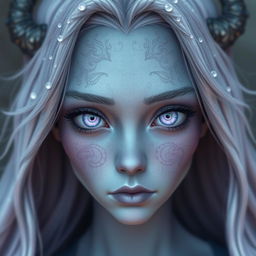 Create an image of a character with lilac eyes and gray skin