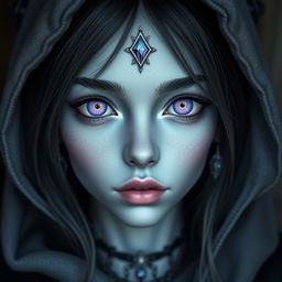 Create an image of a character with lilac eyes and gray skin