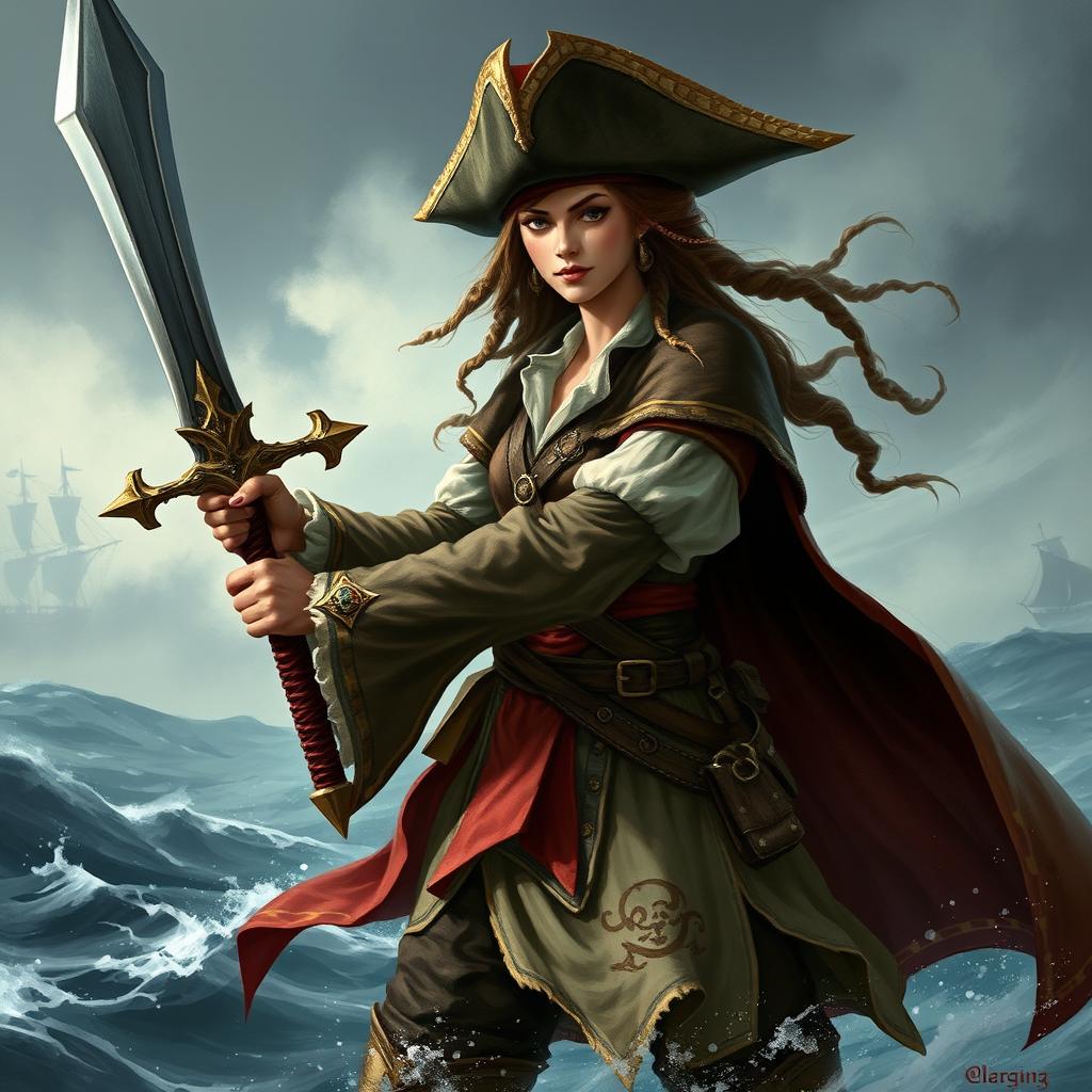 Create a detailed image of a human female pirate who is also a tempest cleric