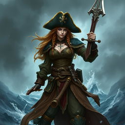 Create a detailed image of a human female pirate who is also a tempest cleric