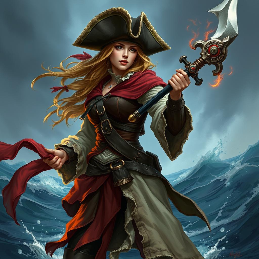 Create a detailed image of a human female pirate who is also a tempest cleric