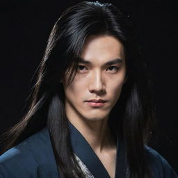 A handsome Chinese comic character with long hair and an expressionless face, enveloped in a dark, mysterious background