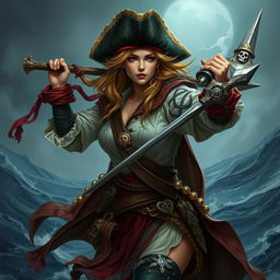 Create a detailed image of a human female pirate who is also a tempest cleric