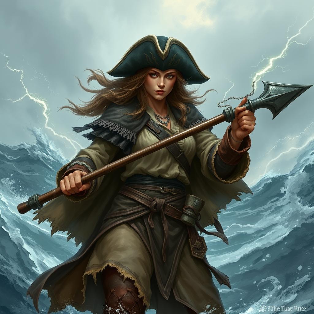 Create an image of a human female pirate who is also a tempest cleric