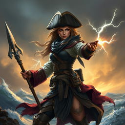 Create an image of a human female pirate who is also a tempest cleric