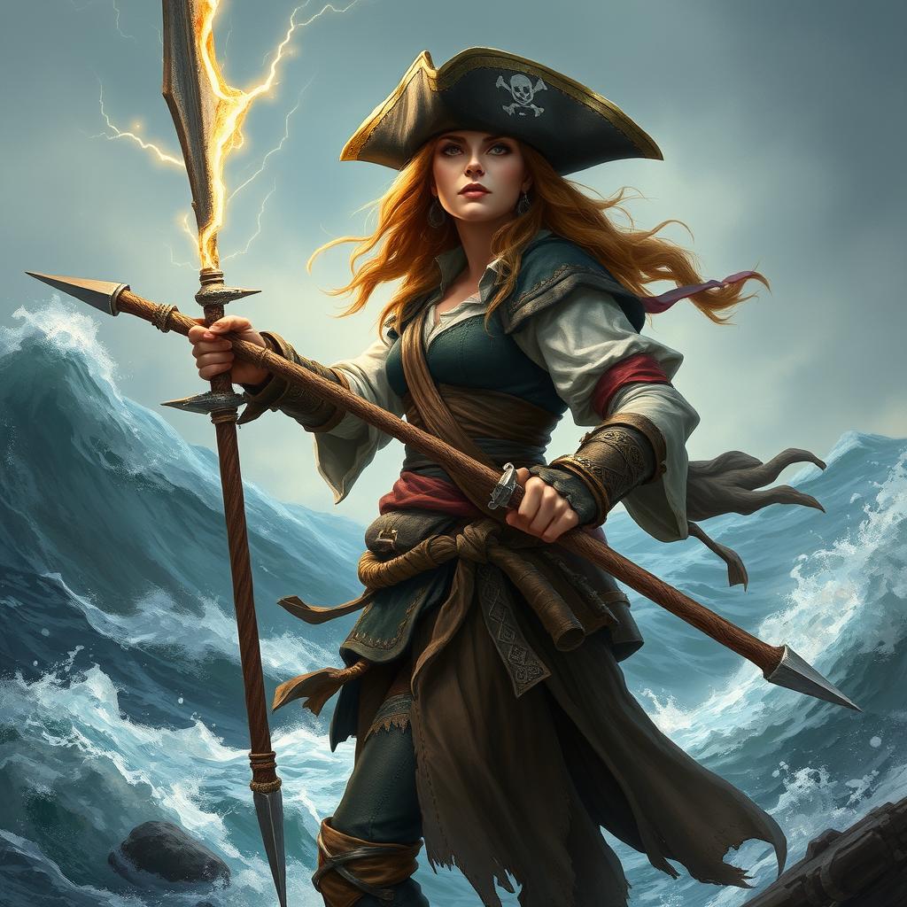 Create an image of a human female pirate who is also a tempest cleric