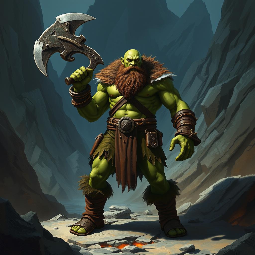 A powerful half-orc barbarian standing in a rugged, mountainous terrain