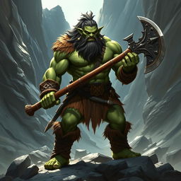 A powerful half-orc barbarian standing in a rugged, mountainous terrain