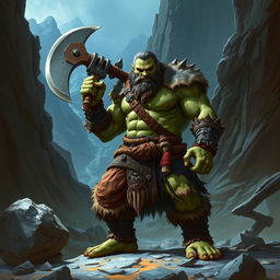 A powerful half-orc barbarian standing in a rugged, mountainous terrain