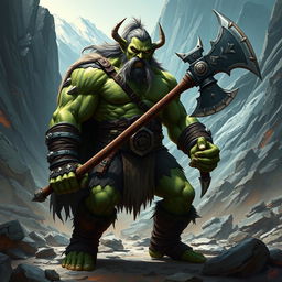 A powerful half-orc barbarian standing in a rugged, mountainous terrain