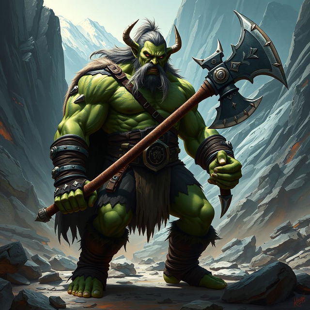 A powerful half-orc barbarian standing in a rugged, mountainous terrain