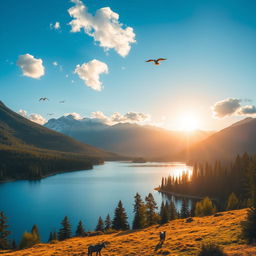 A beautiful landscape featuring a serene lake surrounded by lush forests and mountains in the background