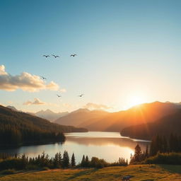 A beautiful landscape featuring a serene lake surrounded by lush forests and mountains in the background