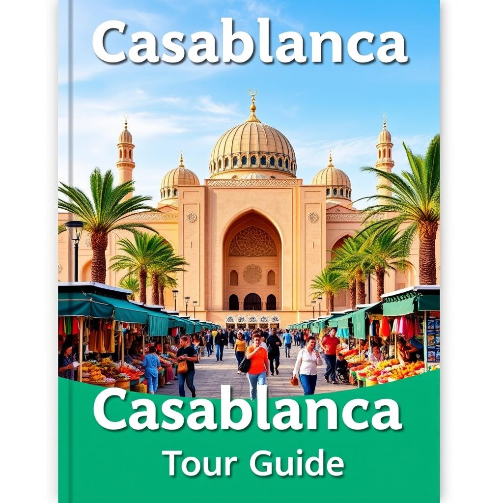 A visually appealing tour guide cover for visitors to Casablanca, Morocco, prominently featuring the Hassan II Mosque