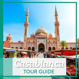 A visually appealing tour guide cover for visitors to Casablanca, Morocco, prominently featuring the Hassan II Mosque