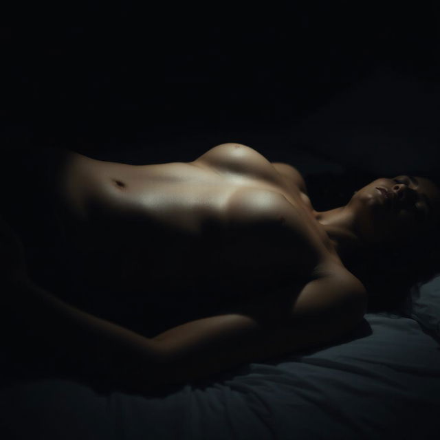 An Indian woman lying on a bed in a dark room, showing her stomach