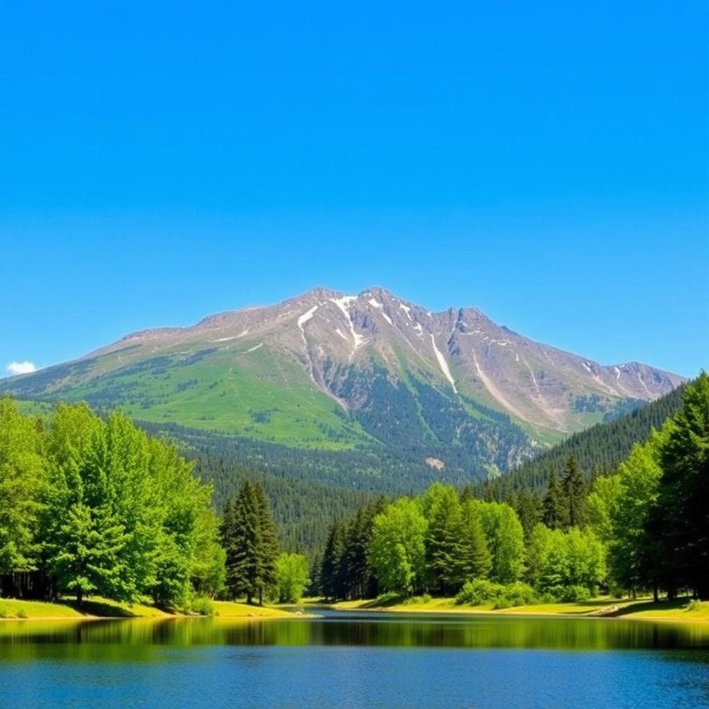 A beautiful landscape featuring a serene lake surrounded by lush green trees, with a clear blue sky and a majestic mountain range in the background