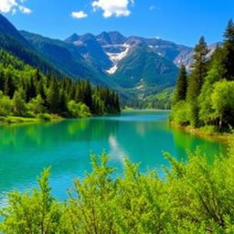 A beautiful landscape featuring a serene lake surrounded by lush green trees, with a clear blue sky and a majestic mountain range in the background