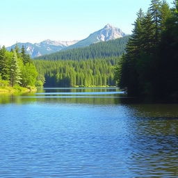 A beautiful landscape featuring a serene lake surrounded by lush green trees, with a clear blue sky and a majestic mountain range in the background