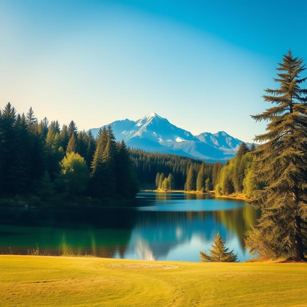 A beautiful landscape featuring a serene lake surrounded by lush green trees, with a clear blue sky and a majestic mountain range in the background