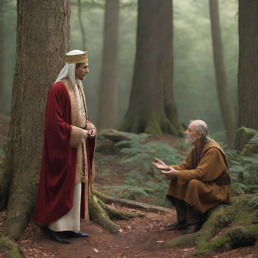 A regal prince in royal attire having a humble conversation with a wise hermit in a tranquil forest setting.