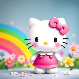 A cute and adorable Hello Kitty character standing in a colorful and vibrant background