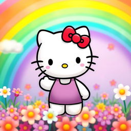 A cute and adorable Hello Kitty character standing in a colorful and vibrant background