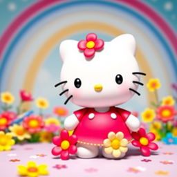 A cute and adorable Hello Kitty character standing in a colorful and vibrant background