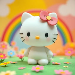 A cute and adorable Hello Kitty character standing in a colorful and vibrant background