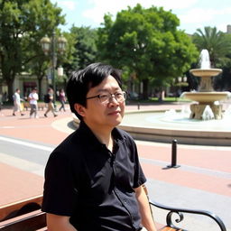 A Japanese man with glasses, who was previously sitting on a bench, is now standing in the same public square environment