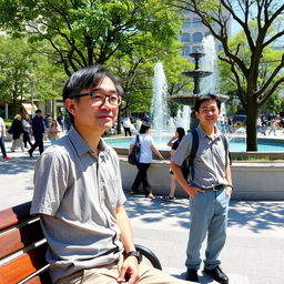 A Japanese man with glasses, who was previously sitting on a bench, is now standing in the same public square environment