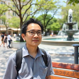 A Japanese man with glasses, who was previously sitting on a bench, is now standing in the same public square environment