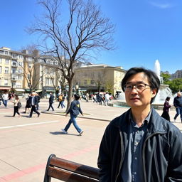 A Japanese man with glasses, who was previously sitting on a bench, is now standing in the same public square environment