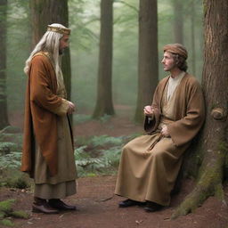 A regal prince in royal attire having a humble conversation with a wise hermit in a tranquil forest setting.